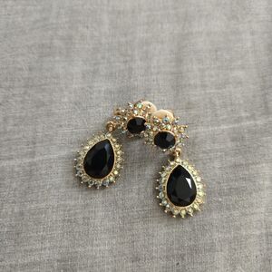 large BLACK RHINESTONE Earrings with CRYSTAL Dangle Clip On Earrings Vintage